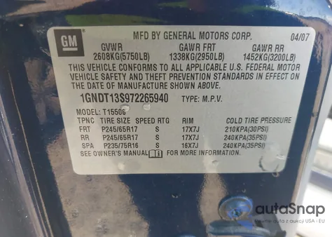 2007 Chevrolet Trailblazer Lt из США, поврежденный, VIN 1GNDT13S972265940